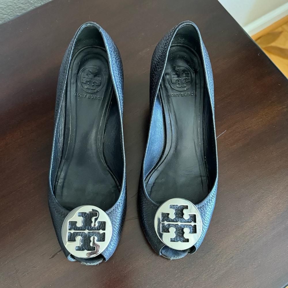 Tory Burch Leather Peep Toe Wedge